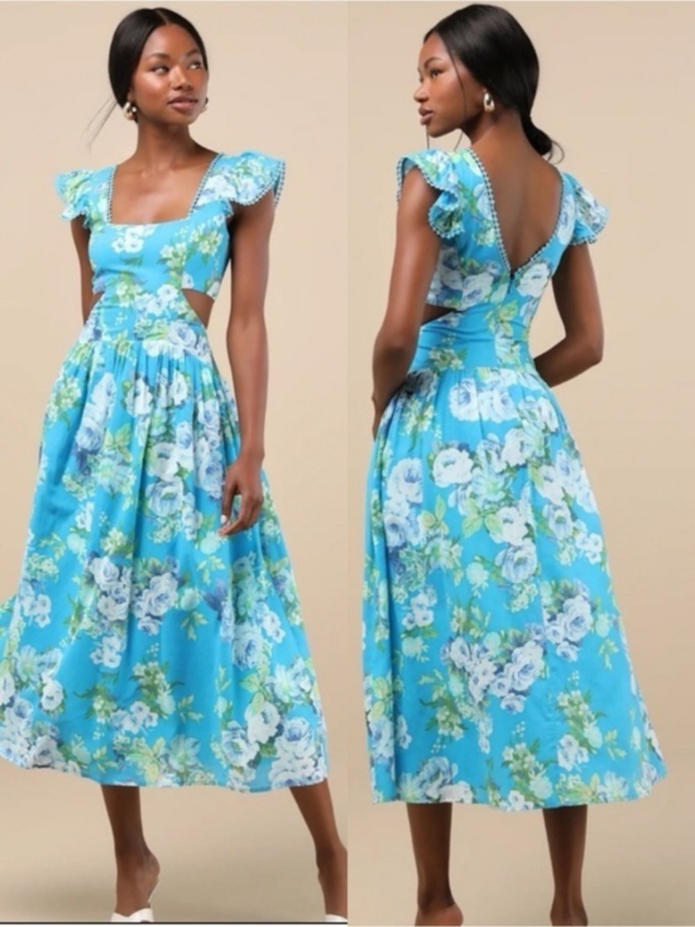 NWT Lulu’s Prielle Bright Blue Floral Cutout Midi Dress Extra Large Party Chic